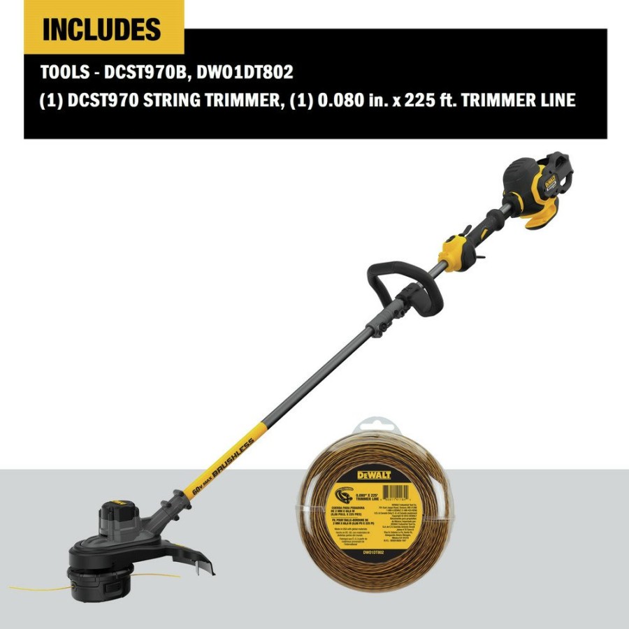 Outdoor Power Tools & Equipment Dewalt String Trimmers | Dewalt Dcst970B-Dwo1Dt802 60V Max Flexvolt Brushless Lithium-Ion Cordless String Trimmer And 0.080 In. X 225 Ft. String Trimmer Line Bundle (Tool Only)