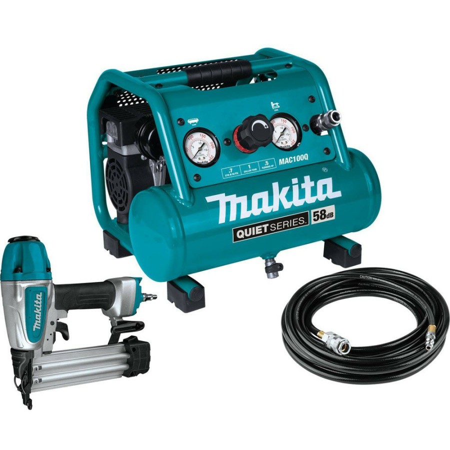 Air Tools And Equipment Makita Compressor Combo Kits | Makita Mac100Qk1 Quiet Series .5 Hp 1 Gallon Oil-Free Hand Carry Air Compressor/ 18 Ga Brad Nailer Combo Kit