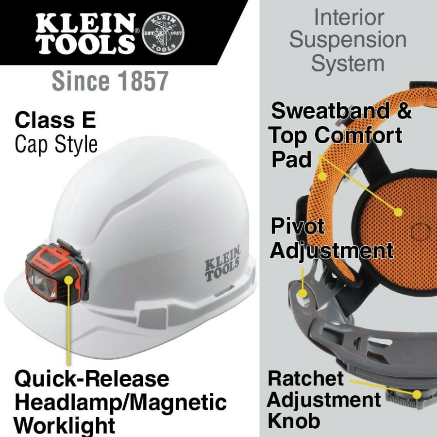 Safety Equipment Klein Tools Hard Hats | Klein Tools 60107 Non-Vented Cap Style Hard Hat With Headlamp - White