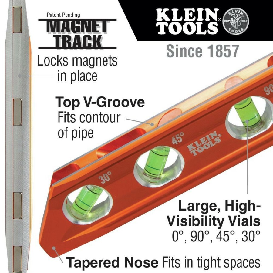 Hand Tools Klein Tools Levels | Klein Tools 935Rb Torpedo Billet High-Visibility Level With Rare Earth Magnet And Tapered Nose