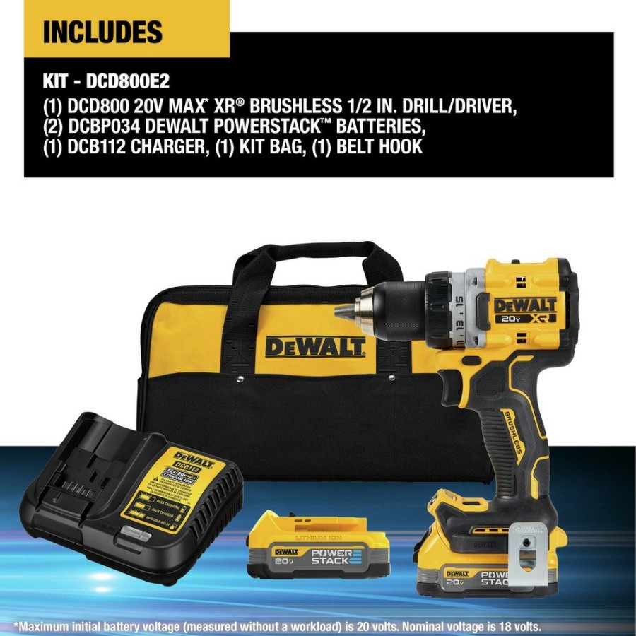 Power Tools Dewalt Drill Drivers | Dewalt Dcd800E2 20V Max Xr Brushless Lithium-Ion 1/2 In. Cordless Drill Driver Kit With 2 Compact Batteries (2 Ah)