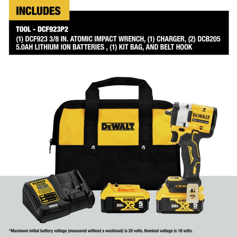 Power Tools Dewalt | Dewalt Dcf923P2 Atomic 20V Max Brushless Lithium-Ion 3/8 In. Cordless Impact Wrench With Hog Ring Anvil Kit With 2 Batteries (5 Ah)