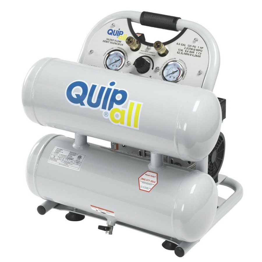 Air Tools And Equipment Quipall Portable Air Compressors | Quipall 4-1-Siltwn-Al Ultra Quiet 1 Hp 4.6 Gallon Oil-Free Twin Stack Air Compressor