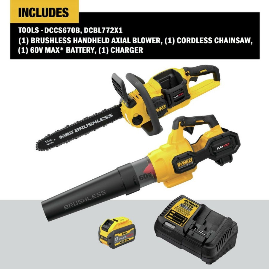 Outdoor Power Tools & Equipment Dewalt | Dewalt Dcbl772X1-Dccs670B 60V Max Flexvolt Brushless Lithium-Ion Cordless Handheld Axial Blower And 16 In. Chainsaw Bundle (3 Ah)