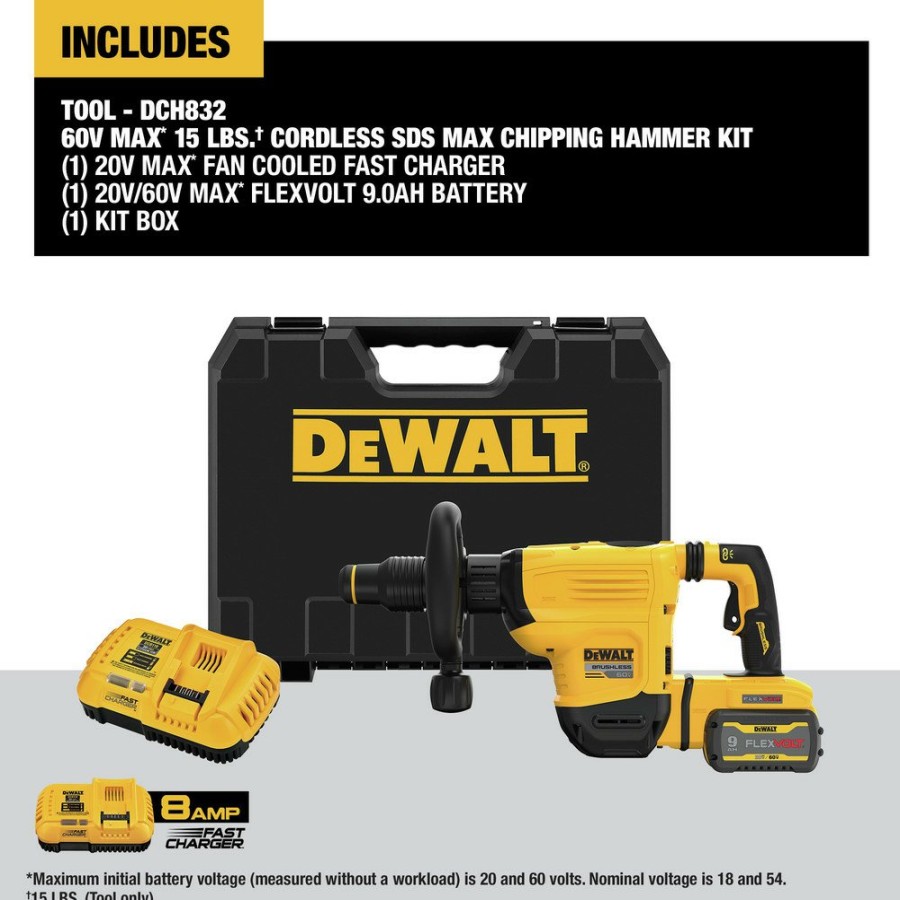 Power Tools Dewalt Rotary Hammers | Dewalt Dch832X1 60V Max Brushless Lithium-Ion 15 Lbs. Cordless Sds Max Chipping Hammer Kit (9 Ah)