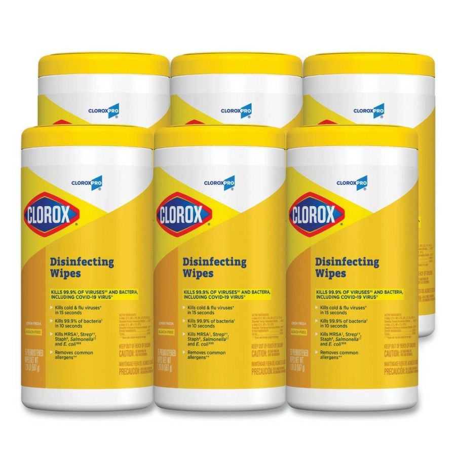 Facility Maintenance & Supplies Clorox Cleaners | Clorox 15948 7 In. X 8 In. 1-Ply Disinfecting Wipes - Lemon Fresh, White (75/Canister, 6/Carton)