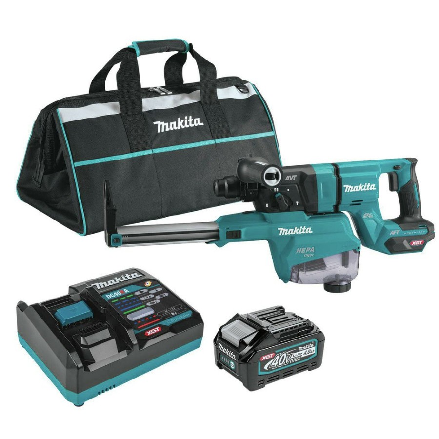 Power Tools Makita Rotary Hammers | Makita Grh07M1W 40V Max Xgt Brushless Lithium-Ion 1-1/8 In. Cordless Aft/Aws Capable Accepts Sds-Plus Bits Avt D-Handle Rotary Hammer Kit With Dust Extractor (4 Ah)