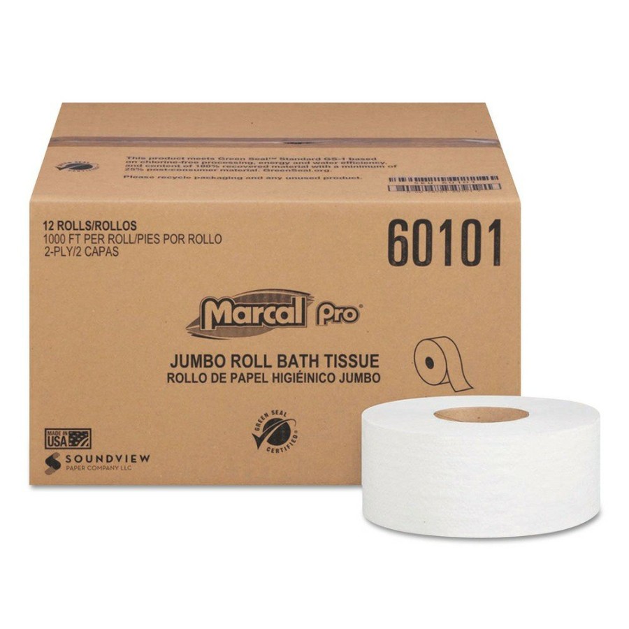 Facility Maintenance & Supplies Marcal PRO | Marcal Pro 60101 2 Ply 3.3 In. X 1000 Ft. Septic Safe 100% Recycled Bathroom Tissues - White (12/Carton)