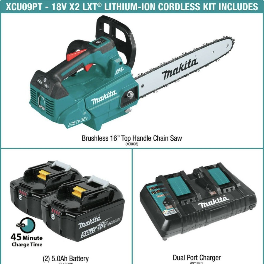 Outdoor Power Tools & Equipment Makita | Makita Xcu09Pt 18V X2 (36V) Lxt Lithium-Ion Brushless Cordless 16 In. Top Handle Chain Saw Kit (5 Ah)