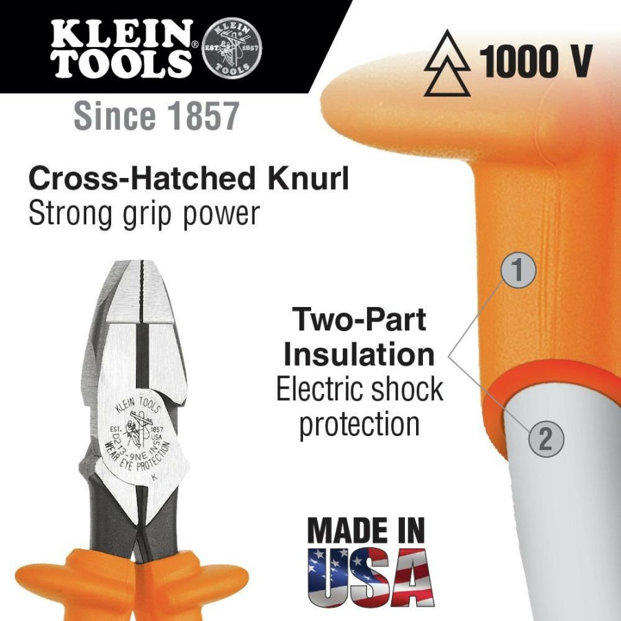 Hand Tools Klein Tools | Klein Tools D213-9Ne-Ins 9 In. Insulated New England Nose Side Cutting Pliers