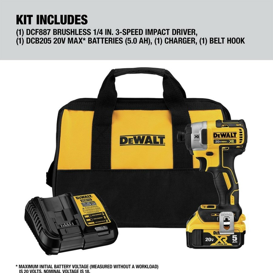 Power Tools Dewalt Impact Drivers | Factory Reconditioned Dewalt Dcf887P1R 20V Max Xr Brushless Lithium-Ion 1/4 In. Cordless 3-Speed Impact Driver Kit (5 Ah)