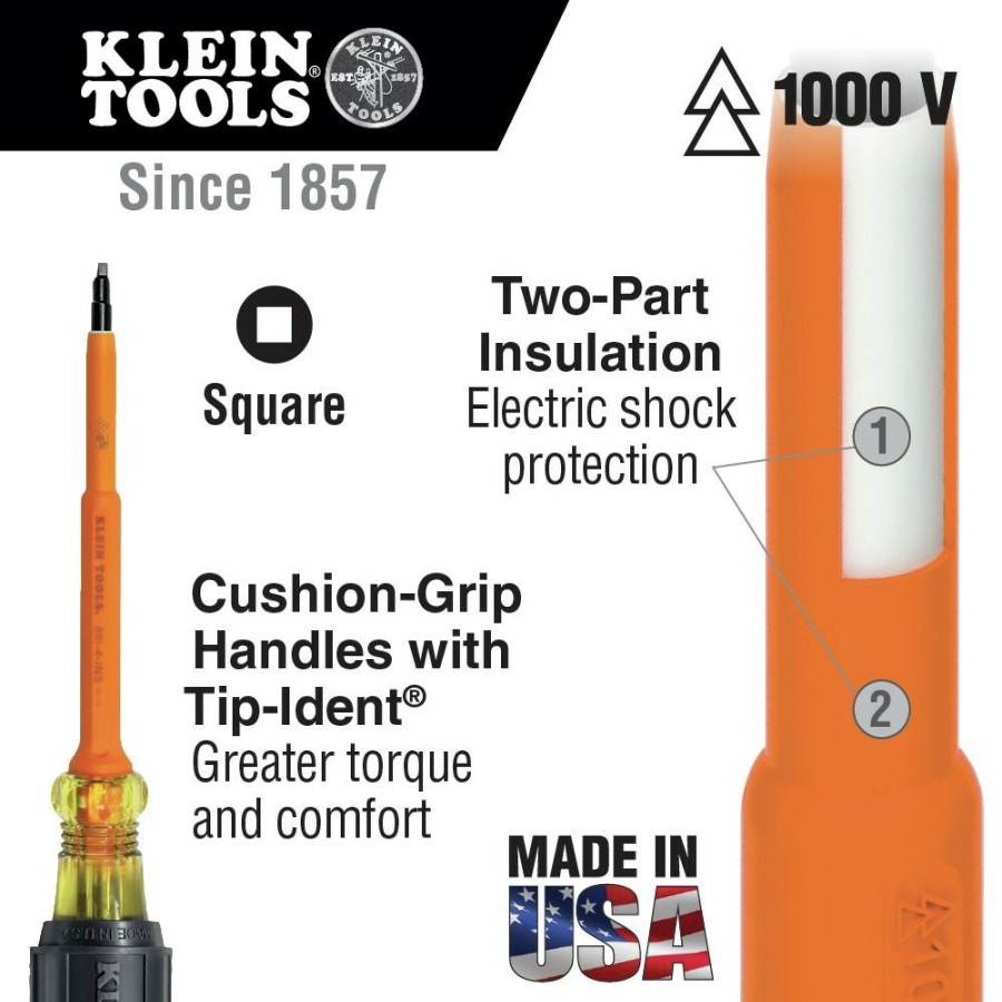 Hand Tools Klein Tools | Klein Tools 662-4-Ins 4 In. Shank Insulated #2 Square Screwdriver