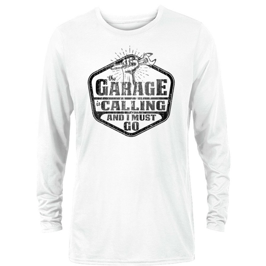 Clothing And Gear Buzz Saw | Buzz Saw Pr104048Xl "The Garage Is Calling And I Must Go" Long-Sleeve Ringspun Cotton Tee Shirt - Extra Large, White