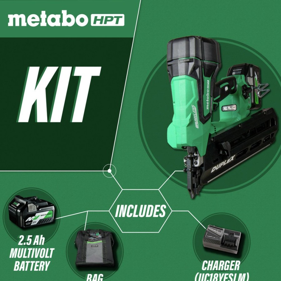 Power Tools Metabo HPT Nailers | Metabo Hpt Nr3675Ddm Multivolt 36V Brushless Lithium-Ion 21 Degree 3-1/2 In. Cordless Duplex Nailer Kit (2.5 Ah)