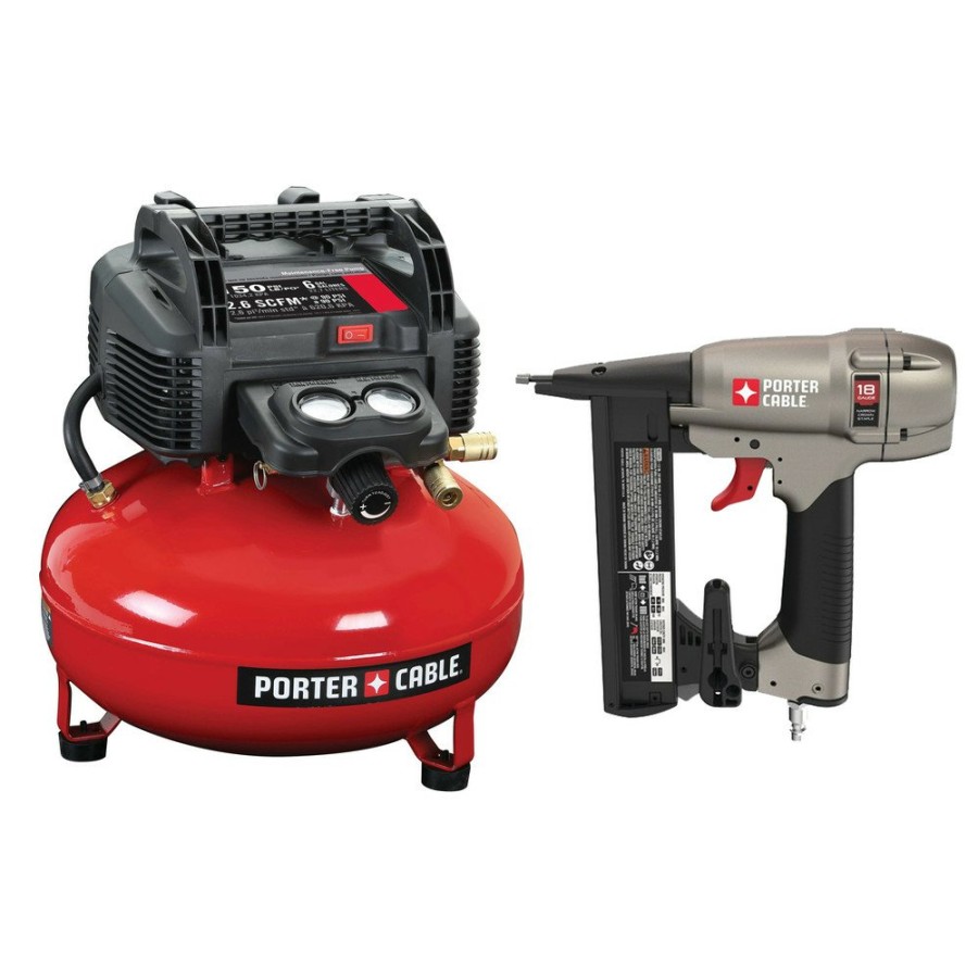 Air Tools And Equipment Porter-Cable Compressor Combo Kits | Porter-Cable C2002-Ns150C 0.8 Hp 6 Gallon Oil-Free Pancake Air Compressor And 18-Gauge 1-1/2 In. Narrow Crown Stapler Kit Bundle