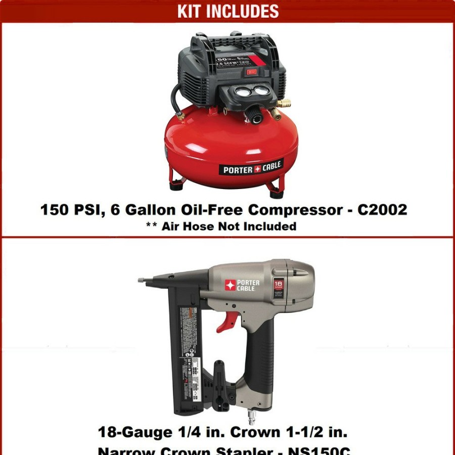 Air Tools And Equipment Porter-Cable Compressor Combo Kits | Porter-Cable C2002-Ns150C 0.8 Hp 6 Gallon Oil-Free Pancake Air Compressor And 18-Gauge 1-1/2 In. Narrow Crown Stapler Kit Bundle