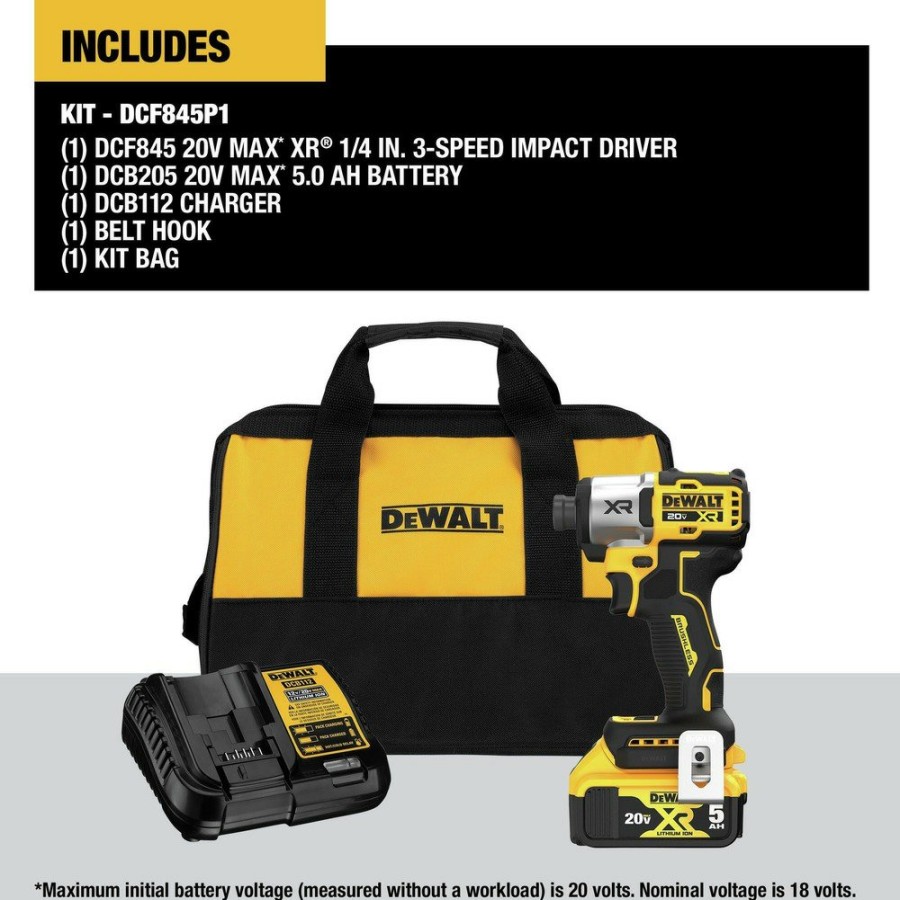 Power Tools Dewalt Impact Drivers | Dewalt Dcf845P1 20V Max Xr Brushless Lithium-Ion 1/4 In. Cordless 3-Speed Impact Driver Kit (5 Ah)