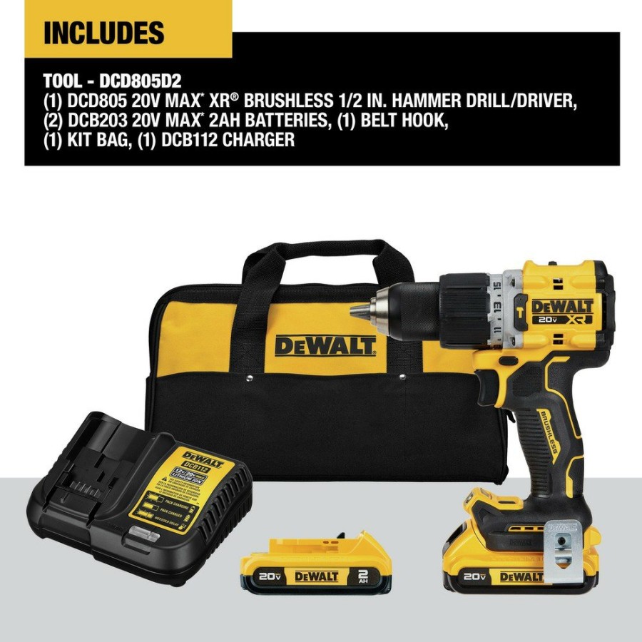 Power Tools Dewalt Hammer Drills | Dewalt Dcd805D2 20V Max Xr Brushless Lithium-Ion 1/2 In. Cordless Hammer Drill Driver Kit With 2 Batteries (2 Ah)