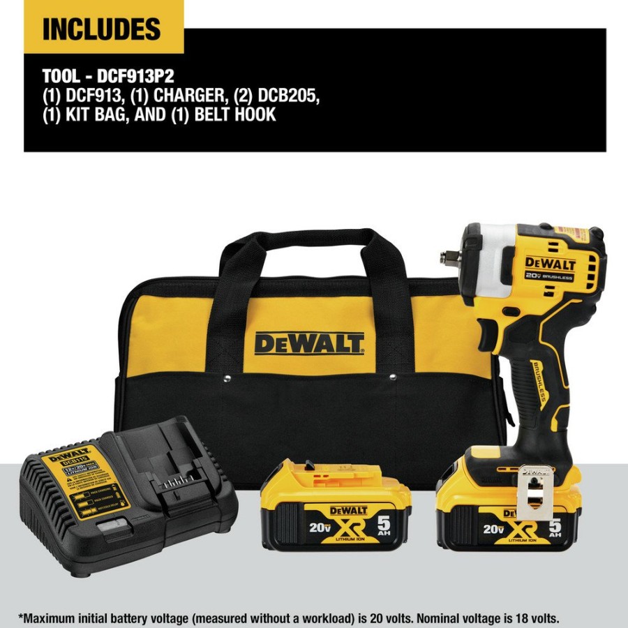 Power Tools Dewalt | Dewalt Dcf913P2 20V Max Brushless Lithium-Ion 3/8 In. Cordless Impact Wrench With Hog Ring Anvil Kit With 2 Batteries (5 Ah)