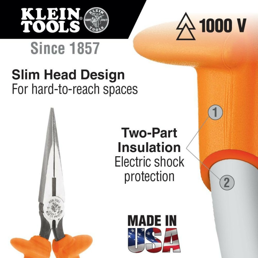 Hand Tools Klein Tools | Klein Tools D203-8N-Ins 8 In. Insulated Long Nose Side-Cutting/Stripping Pliers