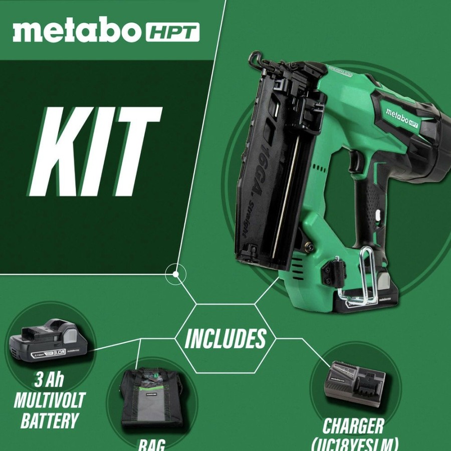 Power Tools Metabo HPT Nailers | Factory Reconditioned Metabo Hpt Nt1865Dmsm 18V Brushless Lithium-Ion 16 Gauge Cordless Straight Brad Nailer Kit (3 Ah)