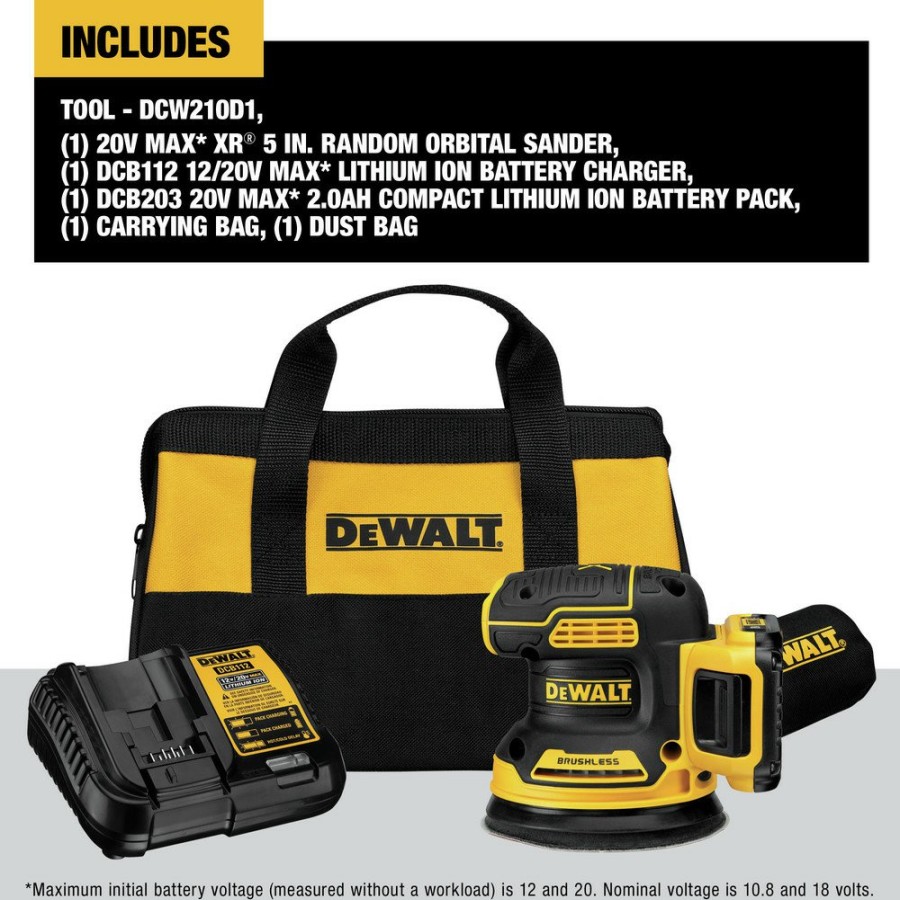 Power Tools Dewalt Random Orbital Sanders | Dewalt Dcw210D1 20V Max Xr Brushless Lithium-Ion Variable Speed 5 In. Cordless Random Orbital Sander Kit (2 Ah)