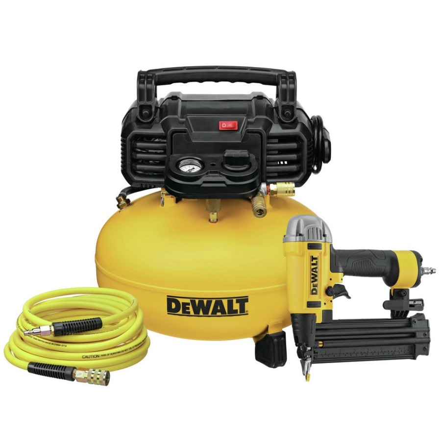 Air Tools And Equipment Dewalt Compressor Combo Kits | Dewalt Dwfp1Kit 18 Gauge 2-1/8 In. Pneumatic Brad Nailer And 0.9 Hp 6 Gallon Oil-Free Pancake Compressor Combo Kit