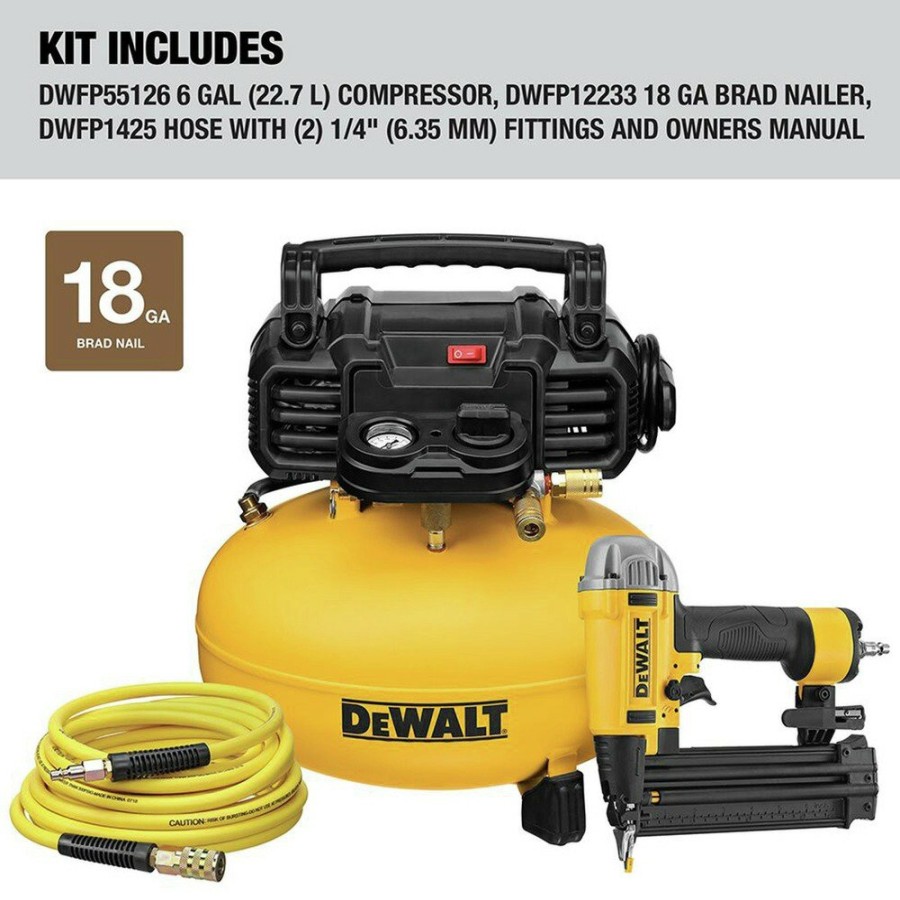 Air Tools And Equipment Dewalt Compressor Combo Kits | Dewalt Dwfp1Kit 18 Gauge 2-1/8 In. Pneumatic Brad Nailer And 0.9 Hp 6 Gallon Oil-Free Pancake Compressor Combo Kit