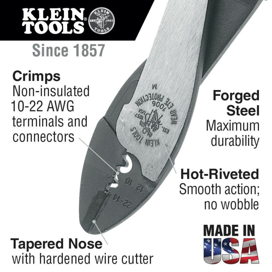 Hand Tools Klein Tools | Klein Tools 1006 9-3/4 In. Crimping/Cutting Tool For Non-Insulated Terminals - Black