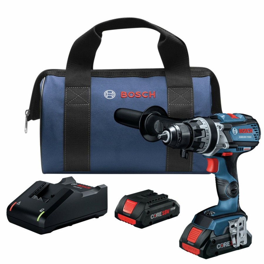 Power Tools Bosch Drill Drivers | Factory Reconditioned Bosch Gsb18V-755Cb25-Rt 18V Brute Tough Connected-Ready Ec Brushless Lithium-Ion 1/2 In. Cordless Hammer Drill Driver Kit With 2 Batteries (4 Ah)