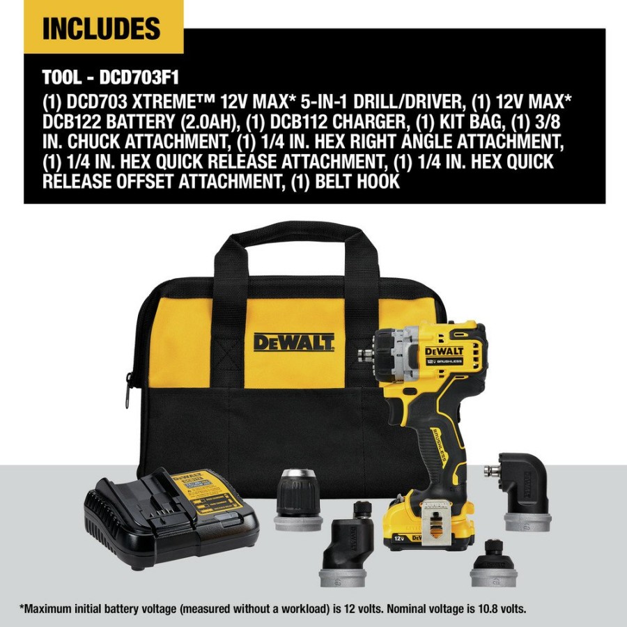 Power Tools Dewalt Drill Drivers | Dewalt Dcd703F1 Xtreme 12V Max Brushless Lithium-Ion Cordless 5-In-1 Drill Driver Kit (2 Ah)