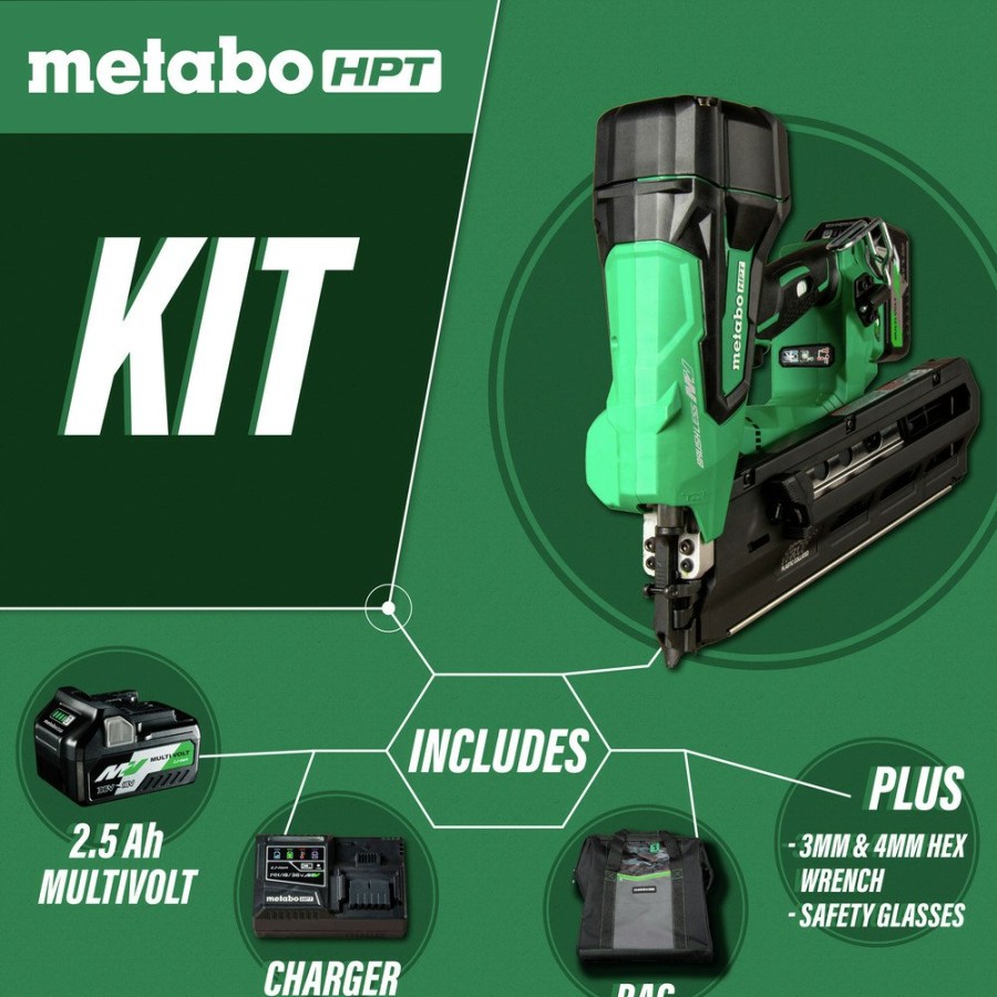 Power Tools Metabo HPT Nailers | Metabo Hpt Nr3690Drm Multivolt 36V Brushless Lithium-Ion 21 Degree Cordless Framing Nailer Kit (2.5 Ah)