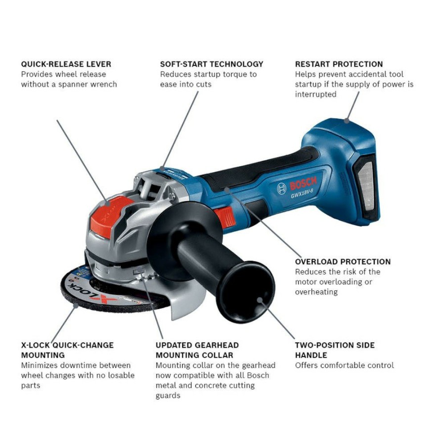 Power Tools Bosch Angle Grinders | Factory Reconditioned Bosch Gwx18V-8N-Rt 18V Brushless Lithium-Ion 4-1/2 In. Cordless X-Lock Angle Grinder (Tooly Only)