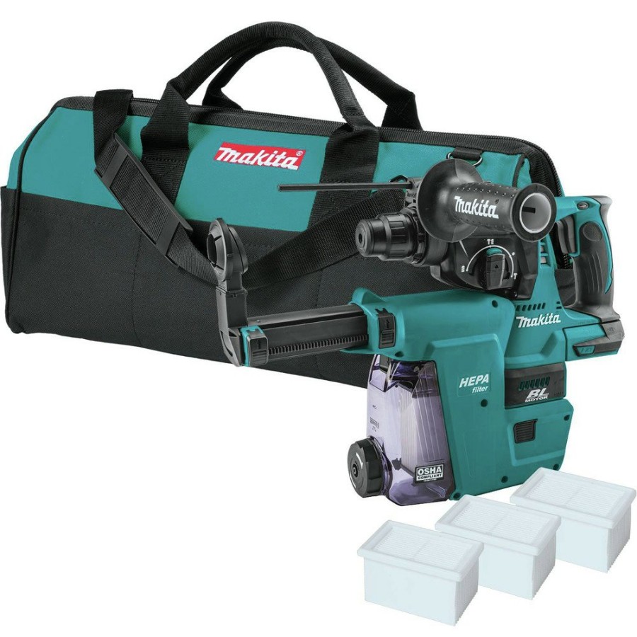 Power Tools Makita Rotary Hammers | Makita Xrh01Zwx 18V Lxt Brushless Lithium-Ion Sds-Plus 1 In. Cordless Rotary Hammer With Hepa Dust Extractor Attachment (Tool Only)