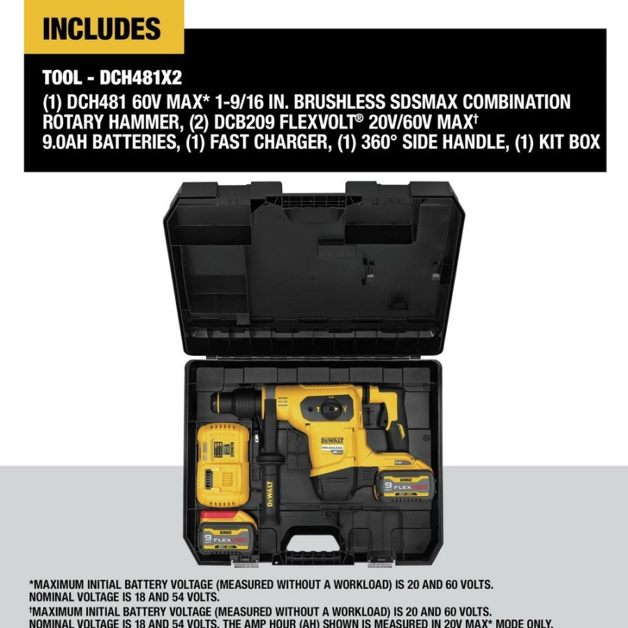 Power Tools Dewalt Demolition Hammers | Dewalt Dch481X2 60V Max Brushless Lithium-Ion Cordless 1-9/16 In. Sds Max Combination Rotary Hammer Kit (9 Ah)