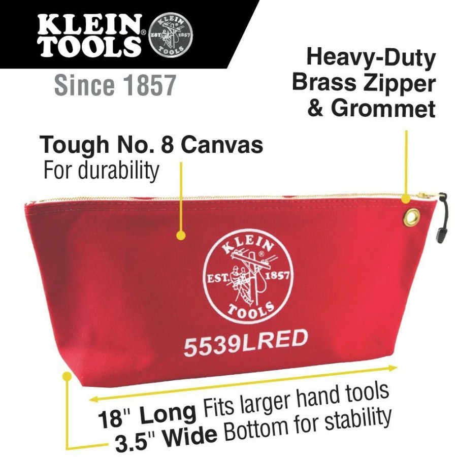 Tool Storage Klein Tools | Klein Tools 5539Lred 18 In. X 3.5 In. X 8 In. Canvas Zipper Consumables Tool Pouch - Large, Red