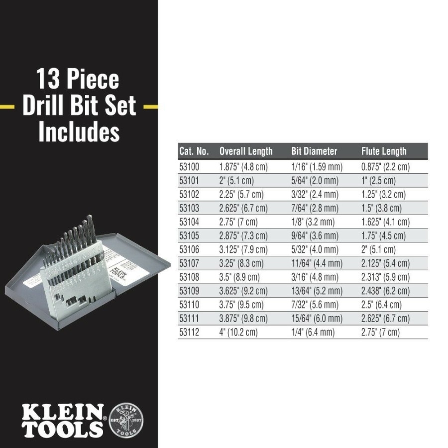 Power Tool Accessories Klein Tools Bits And Bit Sets | Klein Tools 53002 13-Piece Regular-Point Drill-Bit Set