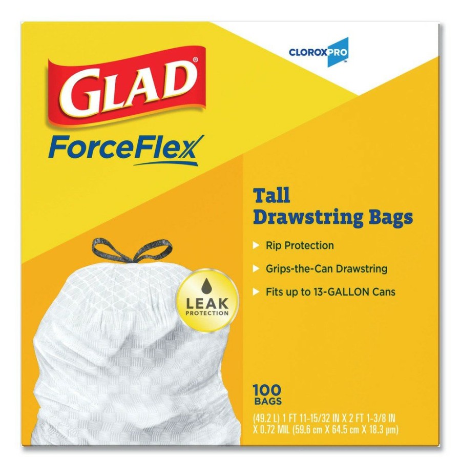 Facility Maintenance & Supplies Glad | Glad 78526 Tall 13 Gal. 24 In. X 27.38 In. Kitchen Drawstring Trash Bags - Gray (100 Bags/Box, 4 Boxes/Carton)