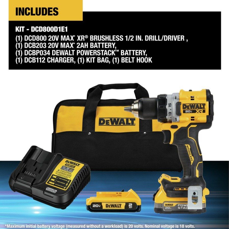 Power Tools Dewalt Drill Drivers | Dewalt Dcd800D1E1 20V Xr Brushless Lithium-Ion 1/2 In. Cordless Drill Driver Kit With 2 Batteries (2 Ah)