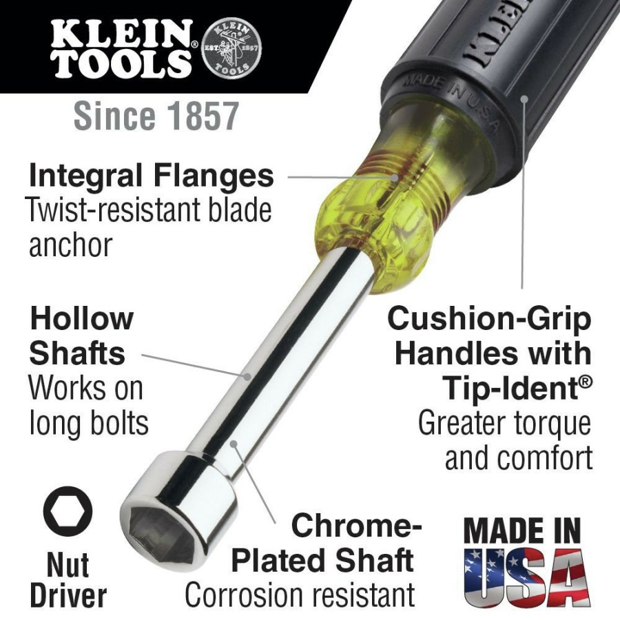 Hand Tools Klein Tools | Klein Tools 631 7 Piece 3/16 In. - 1/2 In. Cushion-Grip 3 In. Shaft Nut Driver Set