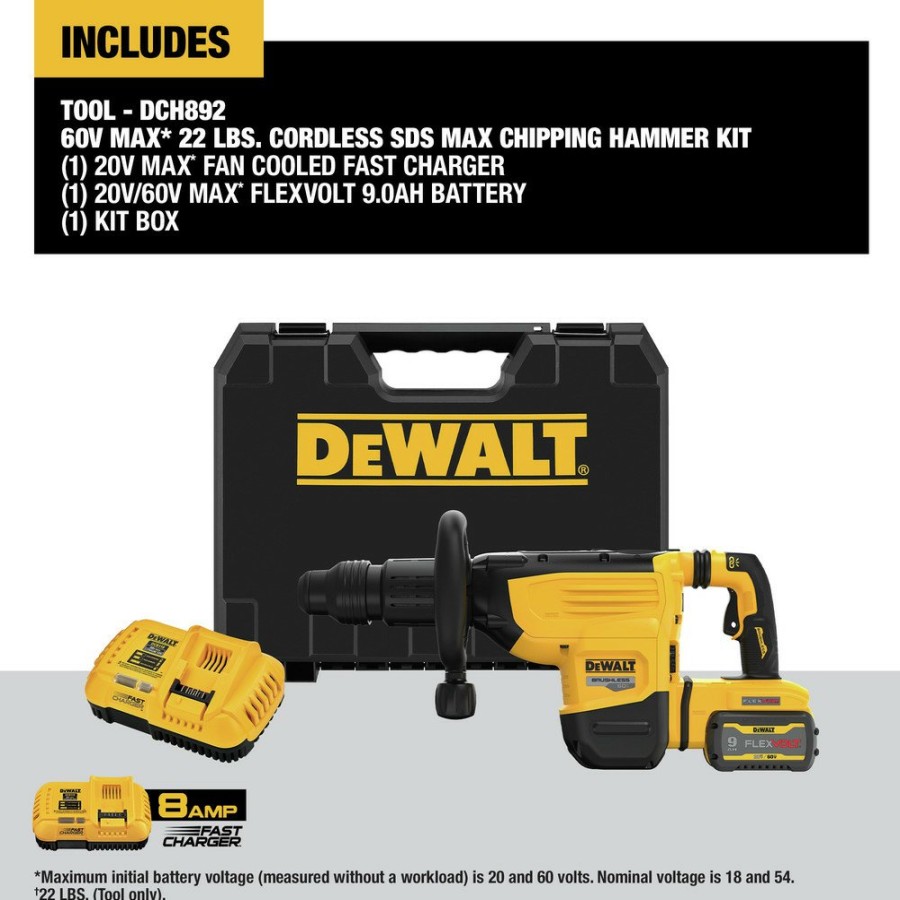 Power Tools Dewalt Rotary Hammers | Dewalt Dch892X1 60V Max Brushless Lithium-Ion 22 Lbs. Cordless Sds Max Chipping Hammer Kit (9 Ah)