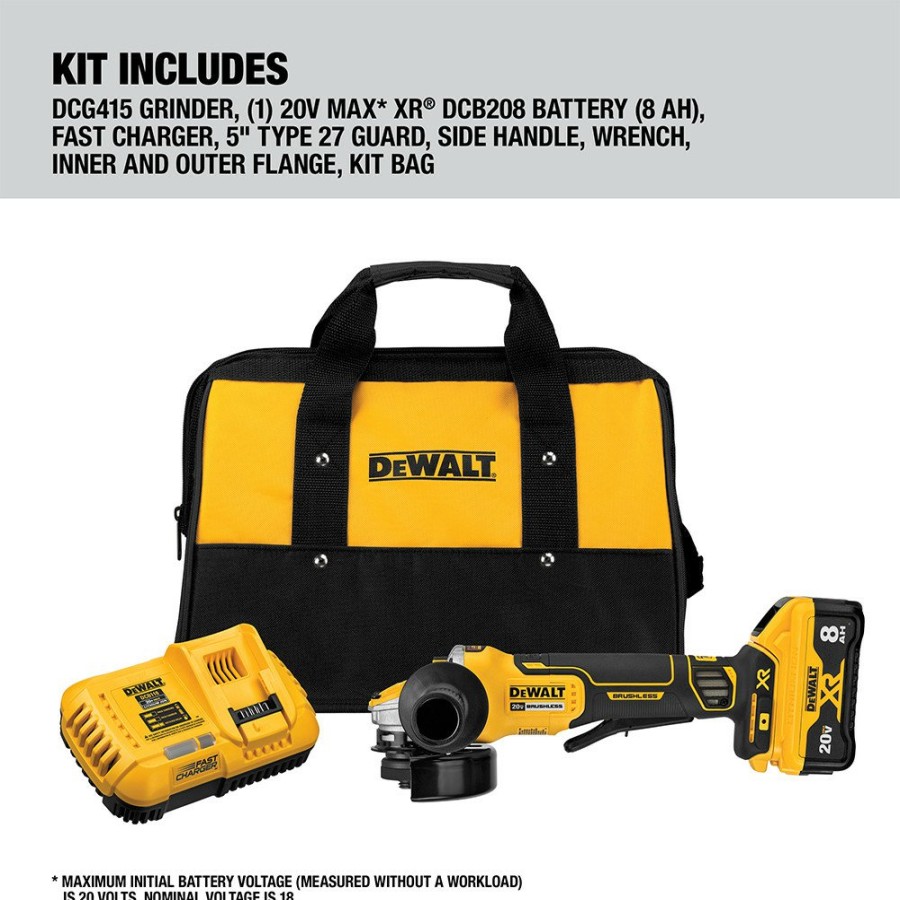 Power Tools Dewalt Angle Grinders | Dewalt Dcg415W1 20V Max Xr Power Detect Brushless Lithium-Ion 4-1/2 In. - 5 In. Small Angle Grinder Kit (8 Ah)