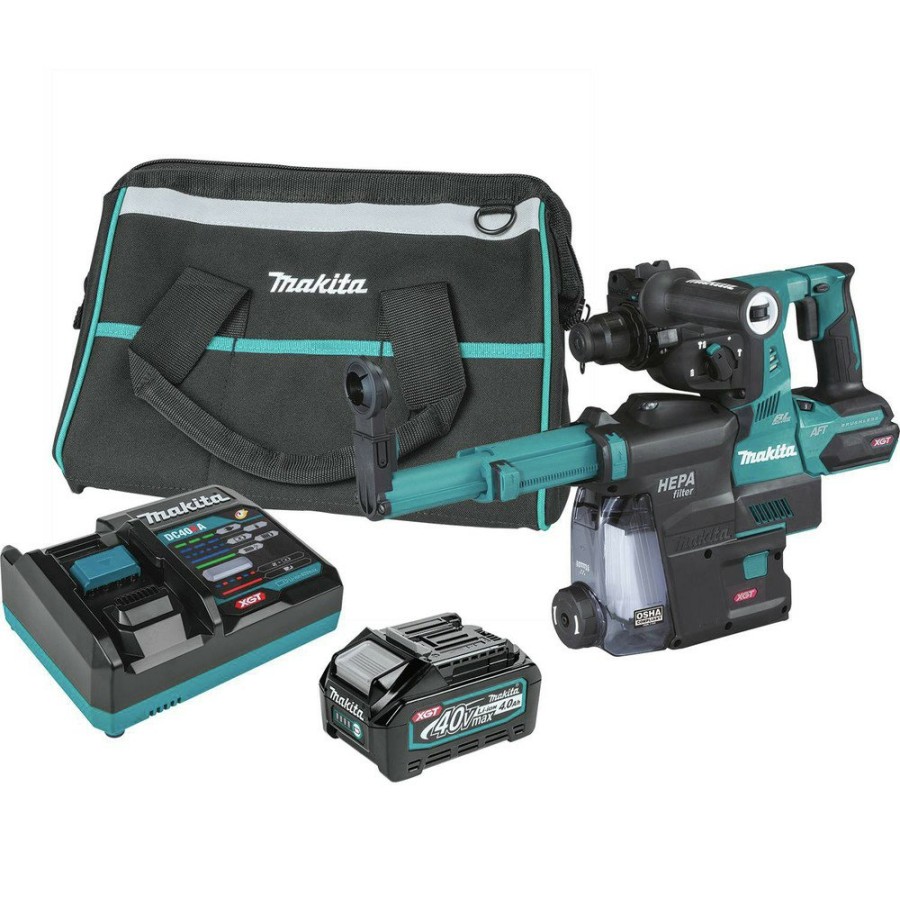 Power Tools Makita Rotary Hammers | Makita Grh01M1W 40V Max Xgt Brushless Lithium-Ion 1-1/8 In. Cordless Aft/Aws Capable Avt Rotary Hammer Kit With Sds-Plus Dust Extractor (4 Ah)