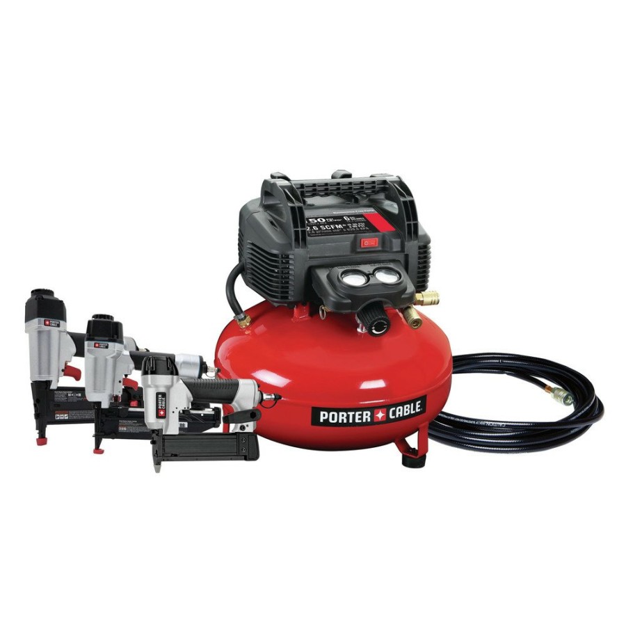 Air Tools And Equipment Porter-Cable Compressor Combo Kits | Porter-Cable Pcfp3Kit 3-Piece Nailer And 0.8 Hp 6 Gallon Oil-Free Pancake Air Compressor Combo Kit