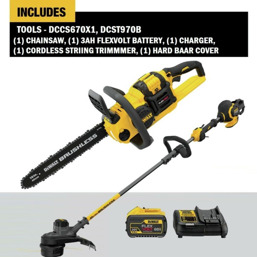 Outdoor Power Tools & Equipment Dewalt | Dewalt Dccs670X1-Dcst970B 60V Max Flexvolt Brushless Lithium-Ion 16 In. Cordless Chainsaw And String Trimmer Bundle (3 Ah)