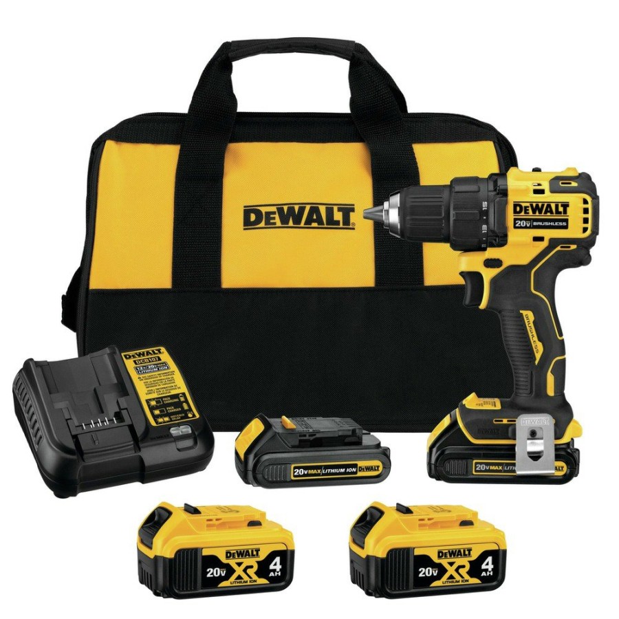 Power Tools Dewalt Drill Drivers | Dewalt Dcd708C2-Dcb204-Bndl 20V Max Xr Atomic Brushless Lithium-Ion 1/2 In. Cordless Compact Drill Driver Kit With 3 Batteries Bundle (1.5 Ah/4 Ah)