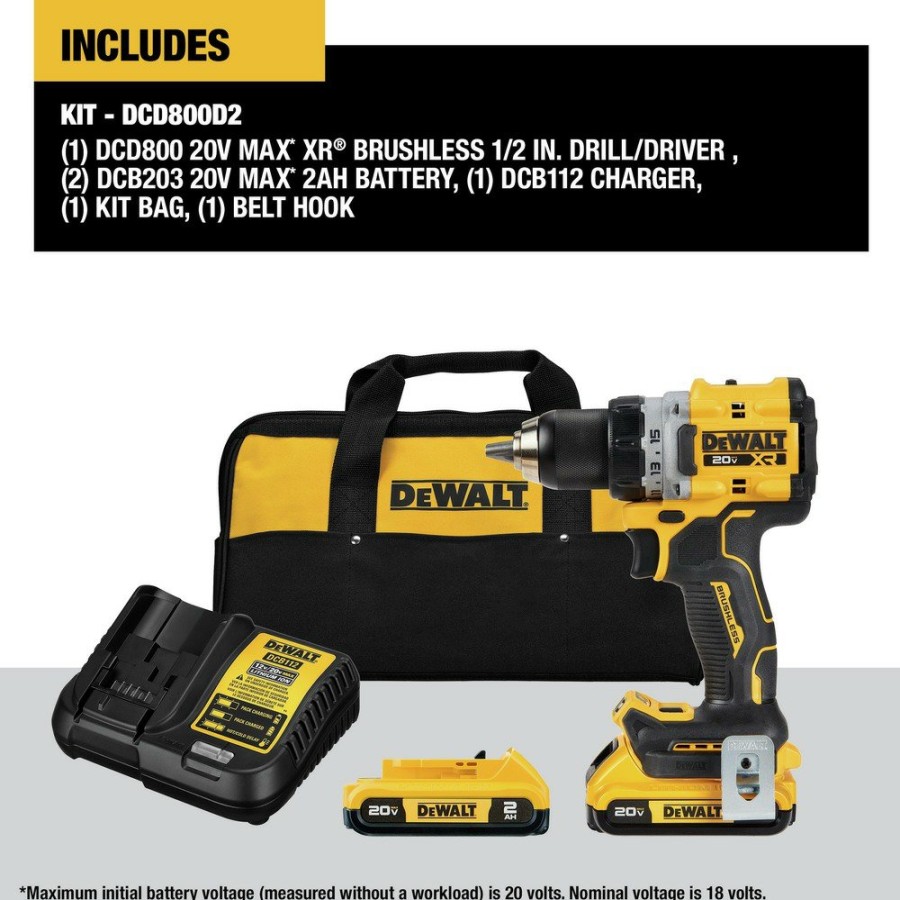 Power Tools Dewalt Drill Drivers | Dewalt Dcd800D2 20V Max Xr Brushless Lithium-Ion 1/2 In. Cordless Drill Driver Kit With 2 Batteries (2 Ah)