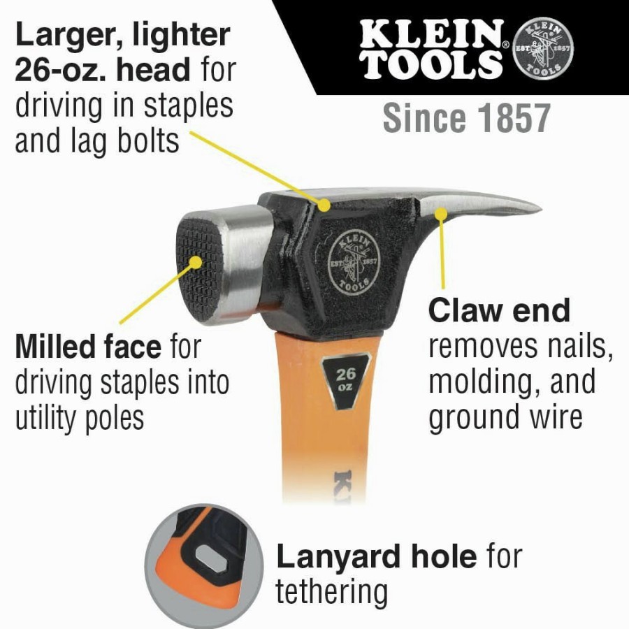 Hand Tools Klein Tools Claw Hammers | Klein Tools 832-26 26 Oz. Lineman'S Claw Milled Hammer