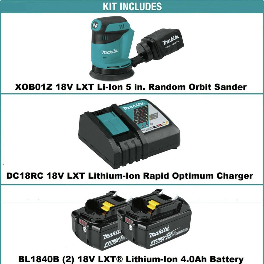 Power Tools Makita Random Orbital Sanders | Makita Xob01Z-Bl1840Bdc2 18V Lxt Lithium-Ion 5 In. Cordless Random Orbit Sander And 2 Batteries With Rapid Optimum Charger Bundle (4 Ah)