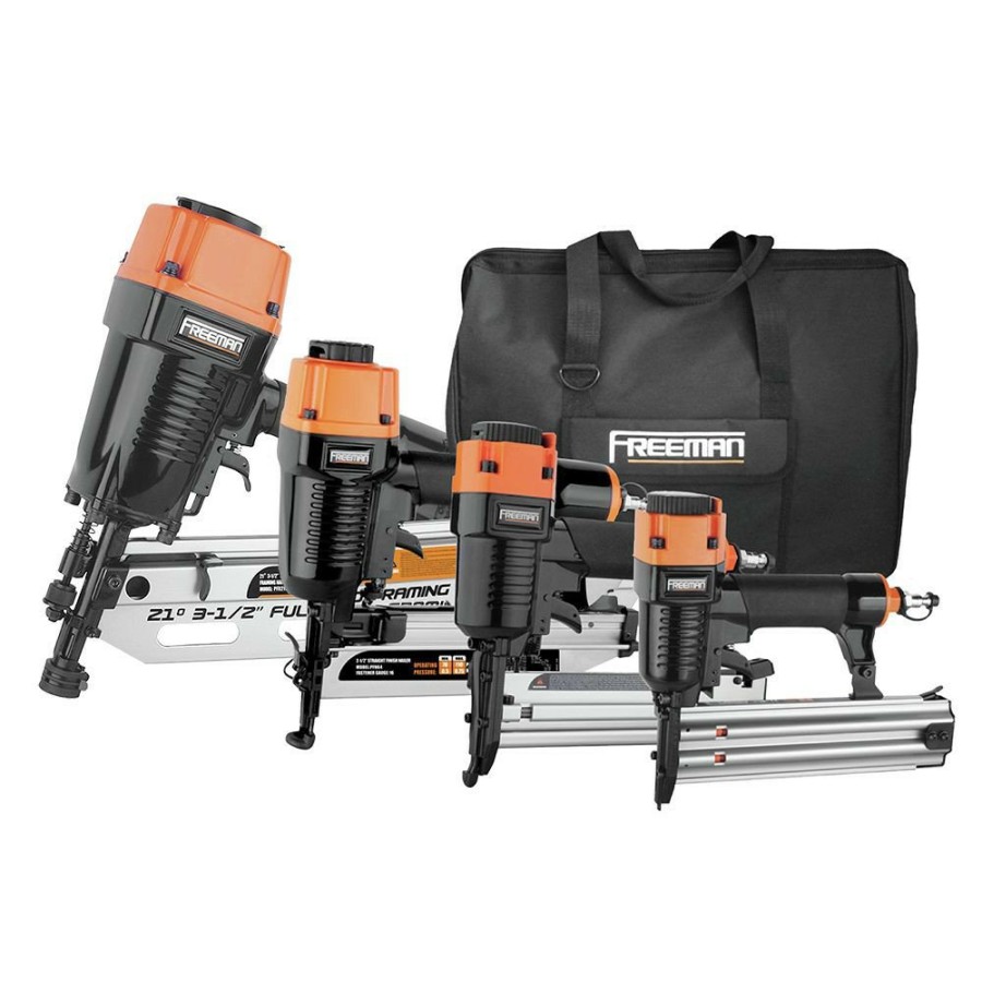 Air Tools And Equipment Freeman Nail Guns | Freeman P421645040 Pneumatic 4 Pc Framing And Finish Nail Gun Combo Kit With Canvas Bag And Nails